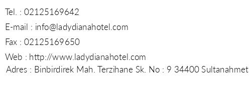 Lady Diana Hotel telefon numaralar, faks, e-mail, posta adresi ve iletiim bilgileri